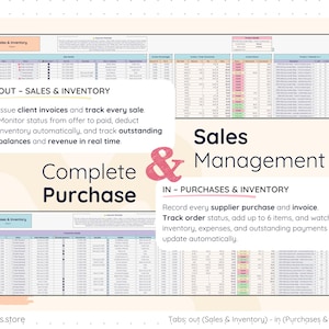 Sales and purchase tracking sheets showing client invoices, supplier purchases, order status, inventory deductions, outstanding balances, and real-time revenue updates. Separate “Out – Sales & Inventory” and “In – Purchases & Inventory” sections. Tracks payments, due dates, and stock impact automatically inside one integrated system.