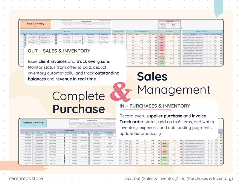 Sales and purchase tracking sheets showing client invoices, supplier purchases, order status, inventory deductions, outstanding balances, and real-time revenue updates. Separate “Out – Sales & Inventory” and “In – Purchases & Inventory” sections. Tracks payments, due dates, and stock impact automatically inside one integrated system.