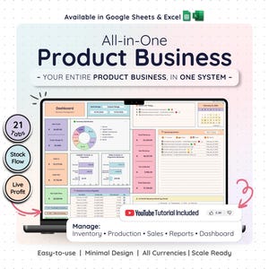 Plantilla integral para negocios de productos en Google Sheets y Excel: sistema completo de gestión de inventario y ventas (Rainbow)