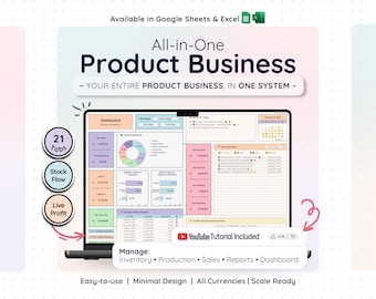 Plantilla integral para negocios de productos en Google Sheets y Excel: sistema completo de gestión de inventario y ventas (Rainbow)