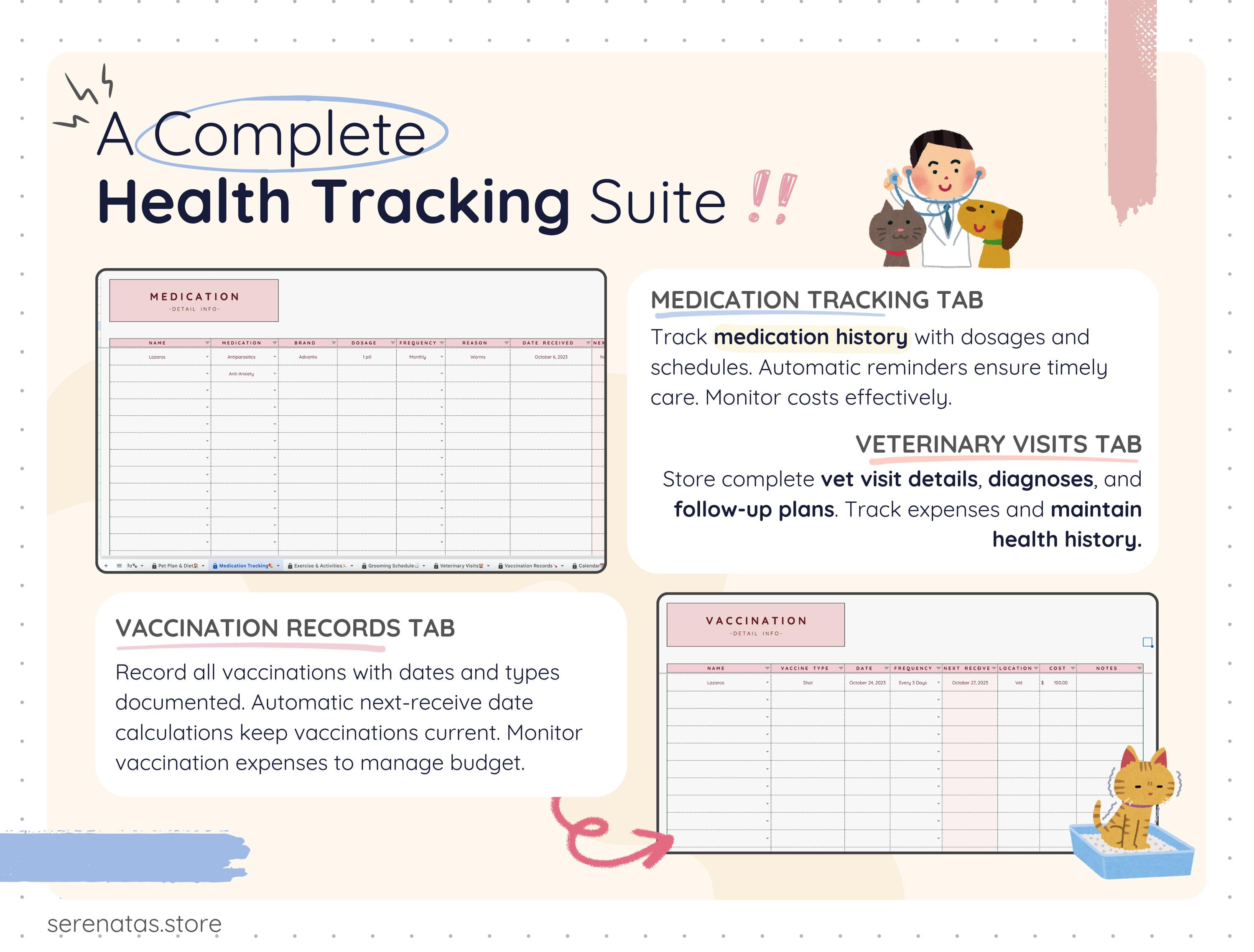 Pet Health Tracker Spreadsheet Google Sheets Dog Cat Care Planner Vet ...