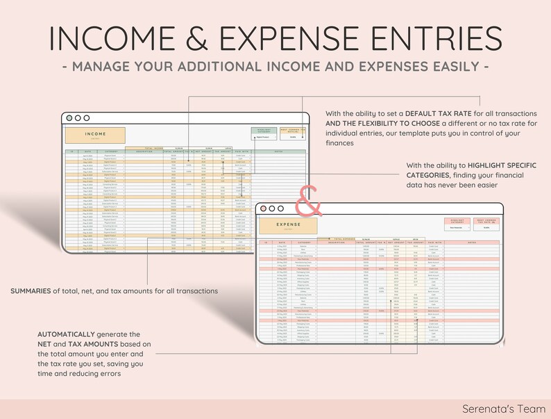 Income & Expense Entries - Easily Record Transactions and Monitor Finances. Stay in Control of Your Etsy Business Financials with Effortless Tracking.
