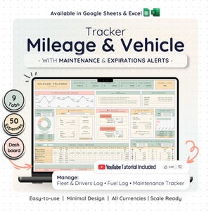 Tracciatore di chilometraggio del veicolo Fogli Google Excel Registro delle spese auto Calcolatore di manutenzione del carburante Foglio di calcolo aziendale Pianificatore di viaggi Registro del chilometraggio