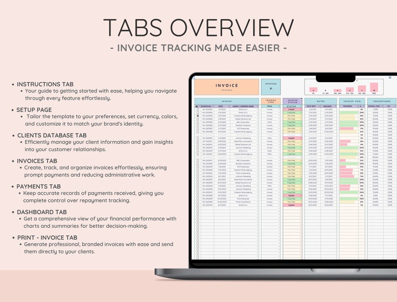 Explore the Invoice Tracker template with tabs for Instructions, Setup, Clients Database, Invoices Management, Payments Tracker, Dashboard Insights, and Print-Invoice Generator.