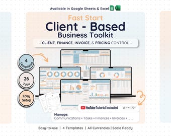 Può includere: Un toolkit aziendale digitale per Google Sheets ed Excel con quattro modelli, ventisei schede e una configurazione semplice. Il display mostra diversi schermi di computer portatili con grafici finanziari e layout di fatture.
