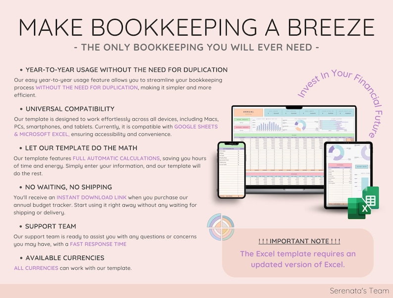 May include: A pink and white graphic with the text "Make Bookkeeping a Breeze - The Only Bookkeeping You Will Ever Need" and a list of features including "Year-to-Year Usage Without the Need for Duplication", "Universal Compatibility", "Let Our Template Do the Math", "No Waiting, No Shipping", "Support Team", and "Available Currencies". The graphic also includes a screenshot of a spreadsheet with colorful charts and graphs. The text "Invest in Your Financial Future" is written in a pink circle.