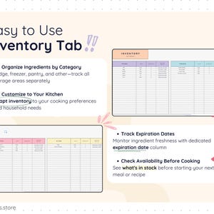 Easy-to-use food inventory tab displaying fridge, freezer, pantry, and other storage areas separately. Includes ingredient names, units, quantities, and expiration dates to track freshness, check availability before cooking, and customize inventory based on household needs and cooking preferences.