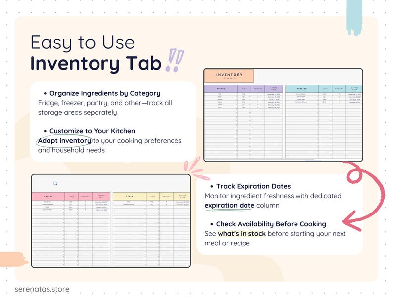 Easy-to-use food inventory tab displaying fridge, freezer, pantry, and other storage areas separately. Includes ingredient names, units, quantities, and expiration dates to track freshness, check availability before cooking, and customize inventory based on household needs and cooking preferences.
