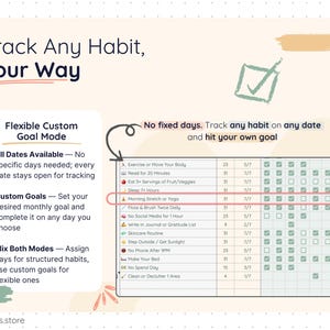 Custom goal mode in a Google Sheets habit tracker allowing you to track habits on any date without fixed schedules. Set personalized monthly goals, complete habits whenever you choose, and combine flexible tracking with structured day-specific habits in one spreadsheet.