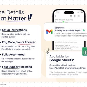 Informational graphic for a Google Sheets meal planner highlighting important details, including step-by-step setup instructions, pay once lifetime access, fully automated spreadsheet with no formulas required, and fast customer support via Etsy, email, or live chat. Image also shows Google Sheets compatibility across Mac, PC, tablet, smartphone, and iPad, with a clean green minimalist design and Serenatas branding.