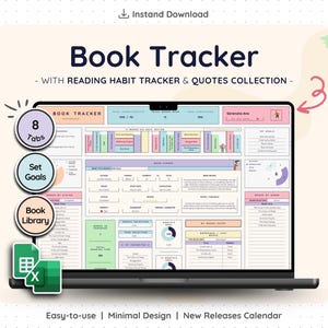Peut inclure: Un écran d'ordinateur portable affiche un "Book Tracker" numérique avec un suivi des habitudes de lecture et une collection de citations. L'interface comprend 8 onglets, des options de définition d'objectifs et une bibliothèque de livres. Le design est minimaliste et facile à utiliser.