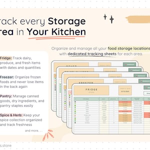 Smart Pantry spreadsheet displaying dedicated tracking sheets for fridge, freezer, pantry, and spice storage. Each tab tracks item names, quantities, stock status, expiration dates, and days left, helping users manage all kitchen storage areas in one organized Google Sheets system.