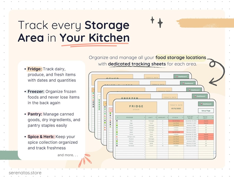 Smart Pantry spreadsheet displaying dedicated tracking sheets for fridge, freezer, pantry, and spice storage. Each tab tracks item names, quantities, stock status, expiration dates, and days left, helping users manage all kitchen storage areas in one organized Google Sheets system.