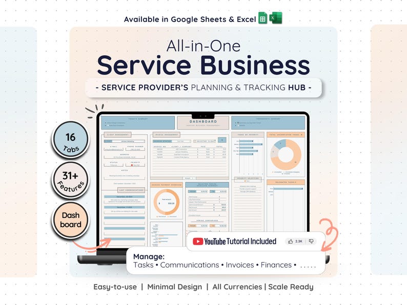 A laptop screen displaying a digital dashboard for a service business. The dashboard, labelled "All-in-One Service Business," shows data and charts. Text includes "16 Tabs," "31+ Features," and "Dashboard." Designed for service providers.