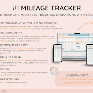以下が含まれることがあります： ピンクと白のグラフィックで、テキスト「#1 MILEAGE TRACKER - STREAMLINE YOUR FLEET BUSINESS OPERATIONS WITH EASE -」が書かれています。グラフィックには、重複なしの年次使用、ユニバーサル互換性、自動計算、インスタントダウンロード、サポートチームなど、走行距離トラッカーテンプレートの機能がリストされています。グラフィックには、テンプレートを表示しているラップトップ、タブレット、スマートフォンも表示されています。テキスト「Invest In Your Financial Future」は、グラフィックの右上隅の円の中にあります。テキスト「!!!IMPORTANT NOTE!!! The Excel template requires an updated version of Excel.」は、緑色のExcelアイコンが付いた白いボックスの中にあります。