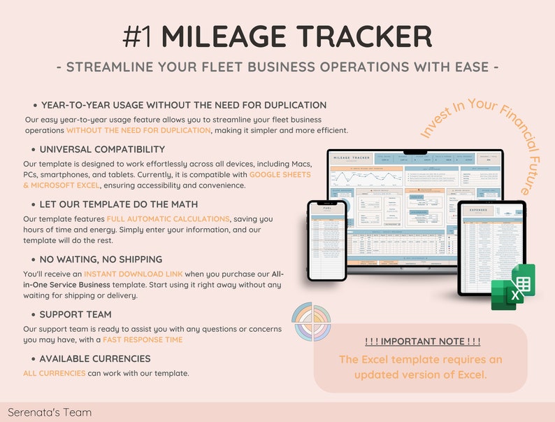 以下が含まれることがあります： ピンクと白のグラフィックで、テキスト「#1 MILEAGE TRACKER - STREAMLINE YOUR FLEET BUSINESS OPERATIONS WITH EASE -」が書かれています。グラフィックには、重複なしの年次使用、ユニバーサル互換性、自動計算、インスタントダウンロード、サポートチームなど、走行距離トラッカーテンプレートの機能がリストされています。グラフィックには、テンプレートを表示しているラップトップ、タブレット、スマートフォンも表示されています。テキスト「Invest In Your Financial Future」は、グラフィックの右上隅の円の中にあります。テキスト「!!!IMPORTANT NOTE!!! The Excel template requires an updated version of Excel.」は、緑色のExcelアイコンが付いた白いボックスの中にあります。