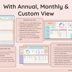 May include: A pink and white graphic with the text "With Annual, Monthly & Custom View" and three tabs: "Annual View Tab", "Monthly View Tab", and "Custom Overview Tab". Each tab has a list of features and a visual representation of a spreadsheet.