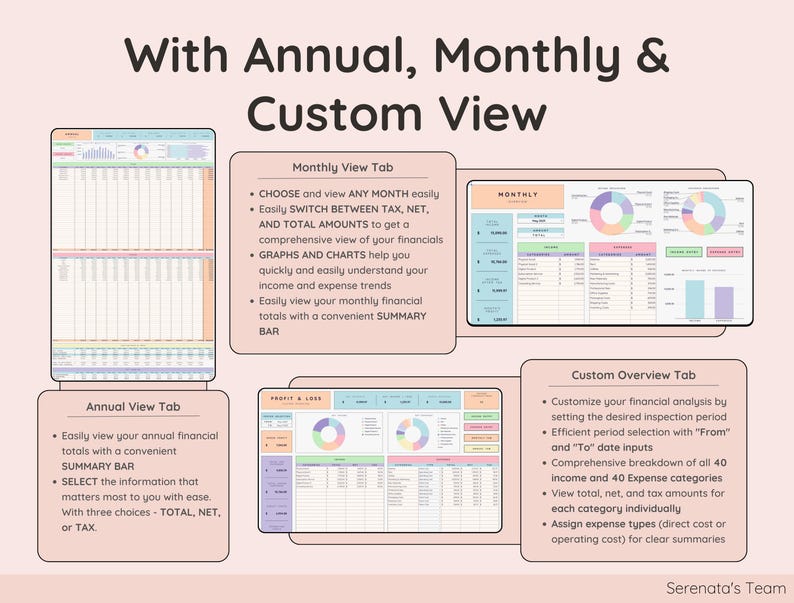May include: A pink and white graphic with the text "With Annual, Monthly & Custom View" and three tabs: "Annual View Tab", "Monthly View Tab", and "Custom Overview Tab". Each tab has a list of features and a visual representation of a spreadsheet.
