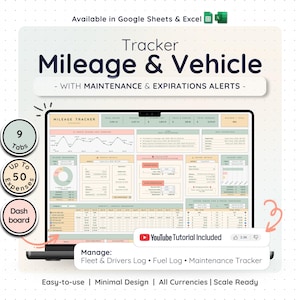 Tracciatore di chilometraggio del veicolo Fogli Google Excel Registro delle spese auto Calcolatore di manutenzione del carburante Foglio di calcolo aziendale Pianificatore di viaggi Registro del chilometraggio