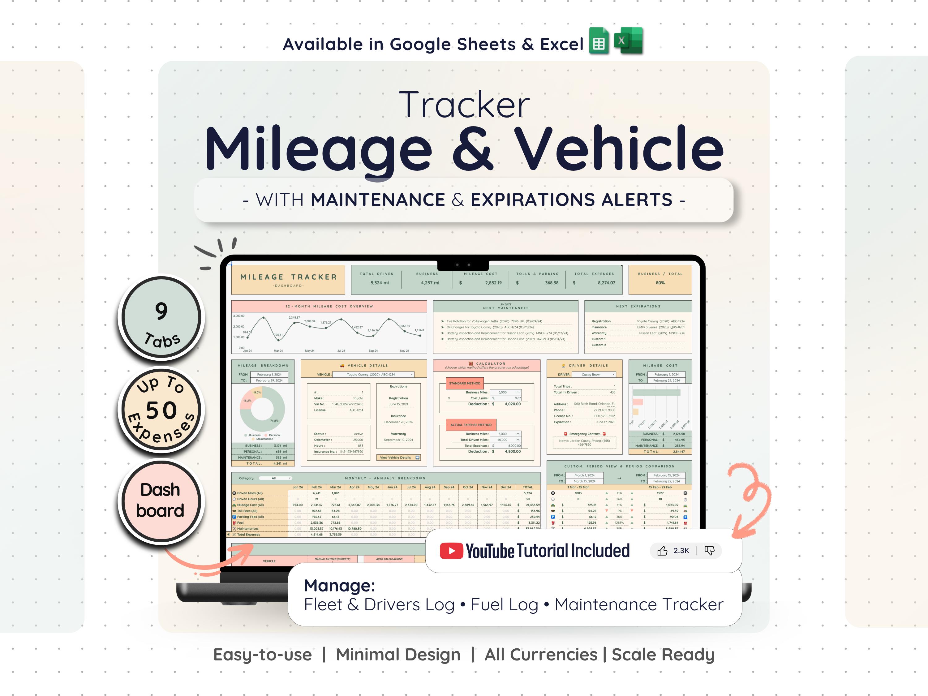 Vehicle Mileage Tracker Google Sheets Excel Car Expense Log Fuel ...