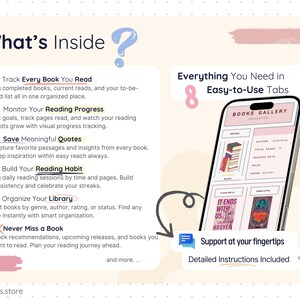 Feature overview graphic listing what the book tracker includes: tracking every book read, monitoring reading progress, saving quotes, building reading habits, organizing a personal library, and tracking upcoming book releases.