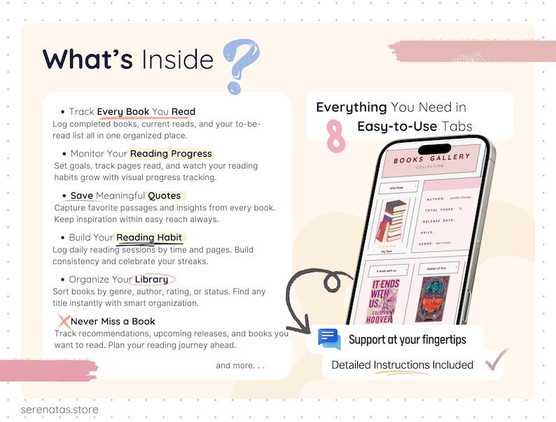 Feature overview graphic listing what the book tracker includes: tracking every book read, monitoring reading progress, saving quotes, building reading habits, organizing a personal library, and tracking upcoming book releases.