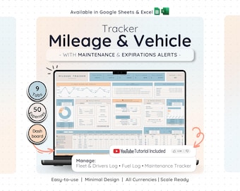 車の走行距離記録、Google スプレッドシート、Excel 車両フリートトラッカー、燃料費、メンテナンススケジュール、出張スプレッドシート、経費計算機