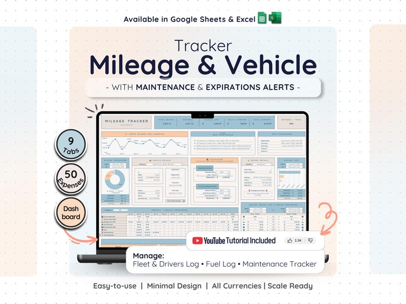 車の走行距離記録、Google スプレッドシート、Excel 車両フリートトラッカー、燃料費、メンテナンススケジュール、出張スプレッドシート、経費計算機 画像 1