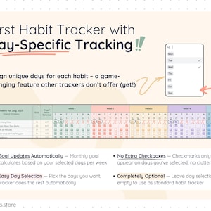 Monthly habit tracker for Google Sheets with unique day-specific tracking. Assign habits to selected weekdays, automatically calculate monthly goals, display checkboxes only on chosen days, and use optional day selection for flexible habit planning without unnecessary clutter.