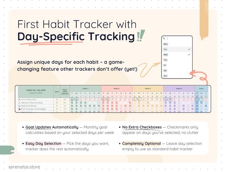 Monthly habit tracker for Google Sheets with unique day-specific tracking. Assign habits to selected weekdays, automatically calculate monthly goals, display checkboxes only on chosen days, and use optional day selection for flexible habit planning without unnecessary clutter.