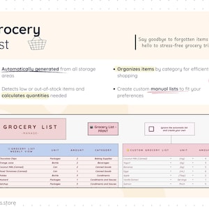 Smart Pantry grocery list feature showing an automatically generated shopping list based on low or out-of-stock items, along with a customizable manual grocery list. Items are organized by category with quantities calculated automatically for efficient and stress-free grocery shopping.