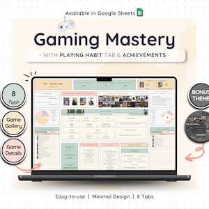 Digital Game Log Tracker Google Sheets Gaming Progress Spreadsheet Achievement Planner Library Collection Organizer Hobby Journal