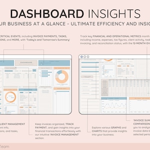 May include: A digital dashboard interface with the title "DASHBOARD INSIGHTS". The interface displays financial and operational metrics, client management tools, and invoice summaries. The design uses a light color palette with blue and orange accents, and includes charts and graphs.