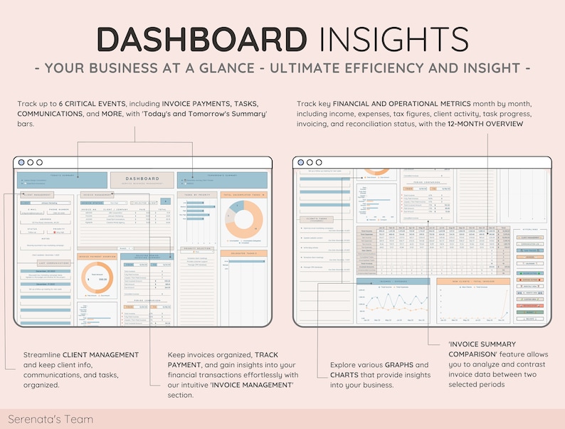 May include: A digital dashboard interface with the title "DASHBOARD INSIGHTS". The interface displays financial and operational metrics, client management tools, and invoice summaries. The design uses a light color palette with blue and orange accents, and includes charts and graphs.