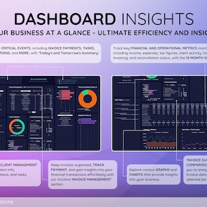 May include: A digital dashboard with the text "DASHBOARD INSIGHTS" and "YOUR BUSINESS AT A GLANCE". The dashboard displays financial and operational metrics, client management, invoice tracking, and graphs. The color scheme is dark blue, purple, and white.