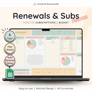 May include: A laptop screen displays a digital tracker titled "Renewals & Subs" with a dashboard layout. The interface includes charts, tables, and the text "Monitor Subscriptions & Budget." Additional features include "6 Tabs," "Plan Ahead," and "Auto Renewal Dates."