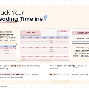 Calendar view showing reading timeline and upcoming book releases. Books marked as “to be released” appear automatically on the calendar. Text explains choosing a start date and viewing planned readings in a single timeline.