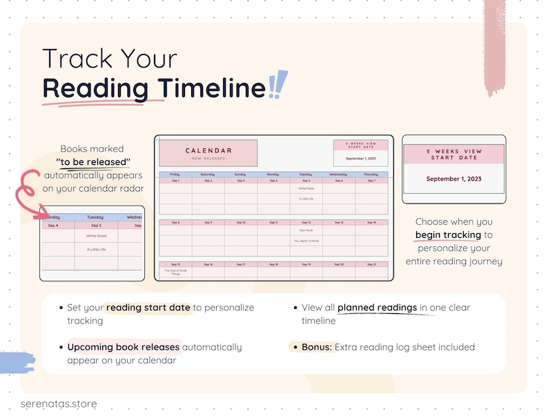 Calendar view showing reading timeline and upcoming book releases. Books marked as “to be released” appear automatically on the calendar. Text explains choosing a start date and viewing planned readings in a single timeline.