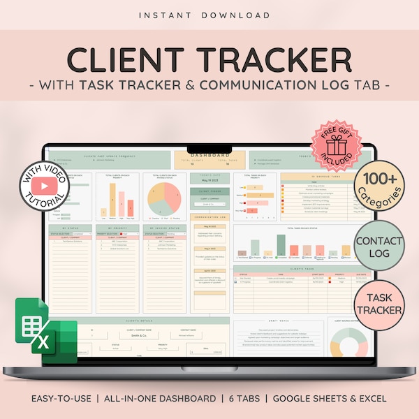 Kunden-Tracker & Tabelle für kleine Unternehmen mit Aufgaben-Tracker, Kommunikationslog und crm Dashboard für Google Sheets