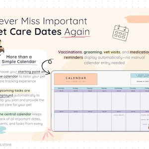 Automated pet care calendar in Google Sheets displaying vaccinations, grooming sessions, vet visits, medication reminders, and upcoming tasks. Central calendar view updates automatically without manual entry and allows users to choose a starting date. Designed to prevent missing important pet care appointments.