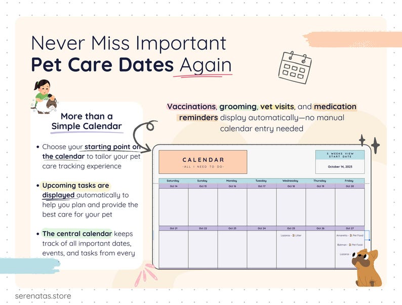 Automated pet care calendar in Google Sheets displaying vaccinations, grooming sessions, vet visits, medication reminders, and upcoming tasks. Central calendar view updates automatically without manual entry and allows users to choose a starting date. Designed to prevent missing important pet care appointments.