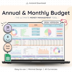 Könnte beinhalten: Ein Laptop-Bildschirm, der eine Finanz-Tabelle mit dem Titel "Annual & Monthly Budget" anzeigt. Die Tabelle enthält Diagramme, Grafiken und Datentabellen. Das Bild zeigt auch den Text "2026 VERSION", "23 Tabs", "8 Tools" und "Multi Year".