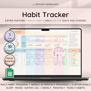 May include: A laptop screen showing a digital habit tracker interface. It features sections for daily, weekly, and monthly progress, with options for custom goals, sleep, mood, and water log tracking. The text "Habit Tracker" is displayed at the top.