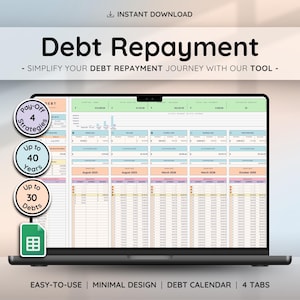 Op de afbeelding: Een laptop toont een spreadsheet voor schuldaflossing. Het scherm toont een gedetailleerde tool voor financiële planning met meerdere tabbladen en gegevensvelden. De afbeelding bevat tekst: "Debt Repayment", "Easy-to-use", en pictogrammen die functies aangeven.