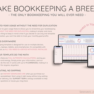 May include: A pink and blue spreadsheet template for bookkeeping. The template is designed to work on multiple devices, including PCs, laptops, tablets, and smartphones. The template features full automatic calculations, saving you hours of time and energy. The template also works with up to 11 currencies. The text "Invest In Your Financial Future" is written in a pink circle on the right side of the image.