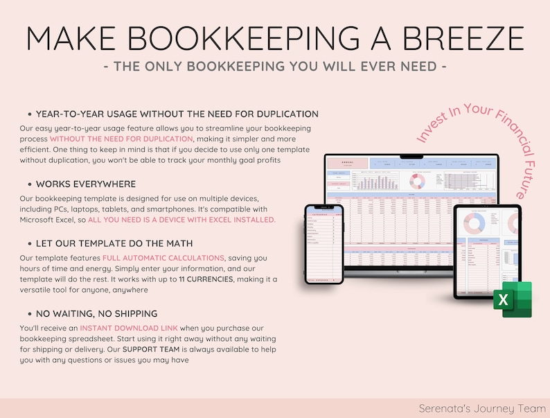 May include: A pink and blue spreadsheet template for bookkeeping. The template is designed to work on multiple devices, including PCs, laptops, tablets, and smartphones. The template features full automatic calculations, saving you hours of time and energy. The template also works with up to 11 currencies. The text "Invest In Your Financial Future" is written in a pink circle on the right side of the image.