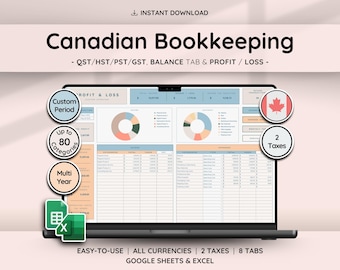 Canadian Tax Bookkeeping Spreadsheet Google Sheets Excel Small Business Accounting Income Expense Client Tracker Profit Loss Budget Plan