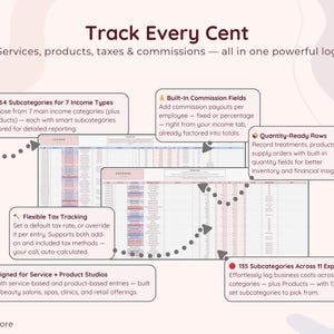 Income & Expenses – Detailed Logs
Log every dollar with precision using categorized trackers for services, products, tips, and commissions. Includes 64 subcategories for income, 135 for expenses, tax flexibility, payment methods, and built-in quantity tracking. Tailored for salons, nail techs, and product-based studios.