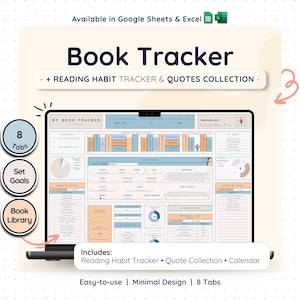 Digital Book Tracker Google Sheets Excel Reading Log Journal Spreadsheet Template Bookshelf Organizer Reading Habit Planner Library
