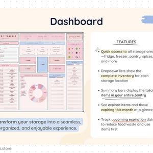 Smart Pantry dashboard view showing total items, expired items, items expiring this month, storage shortcuts, inventory charts, and category summaries. The dashboard provides a quick overview of pantry stock levels, expiration alerts, and food storage statistics in a visually organized Google Sheets layout.